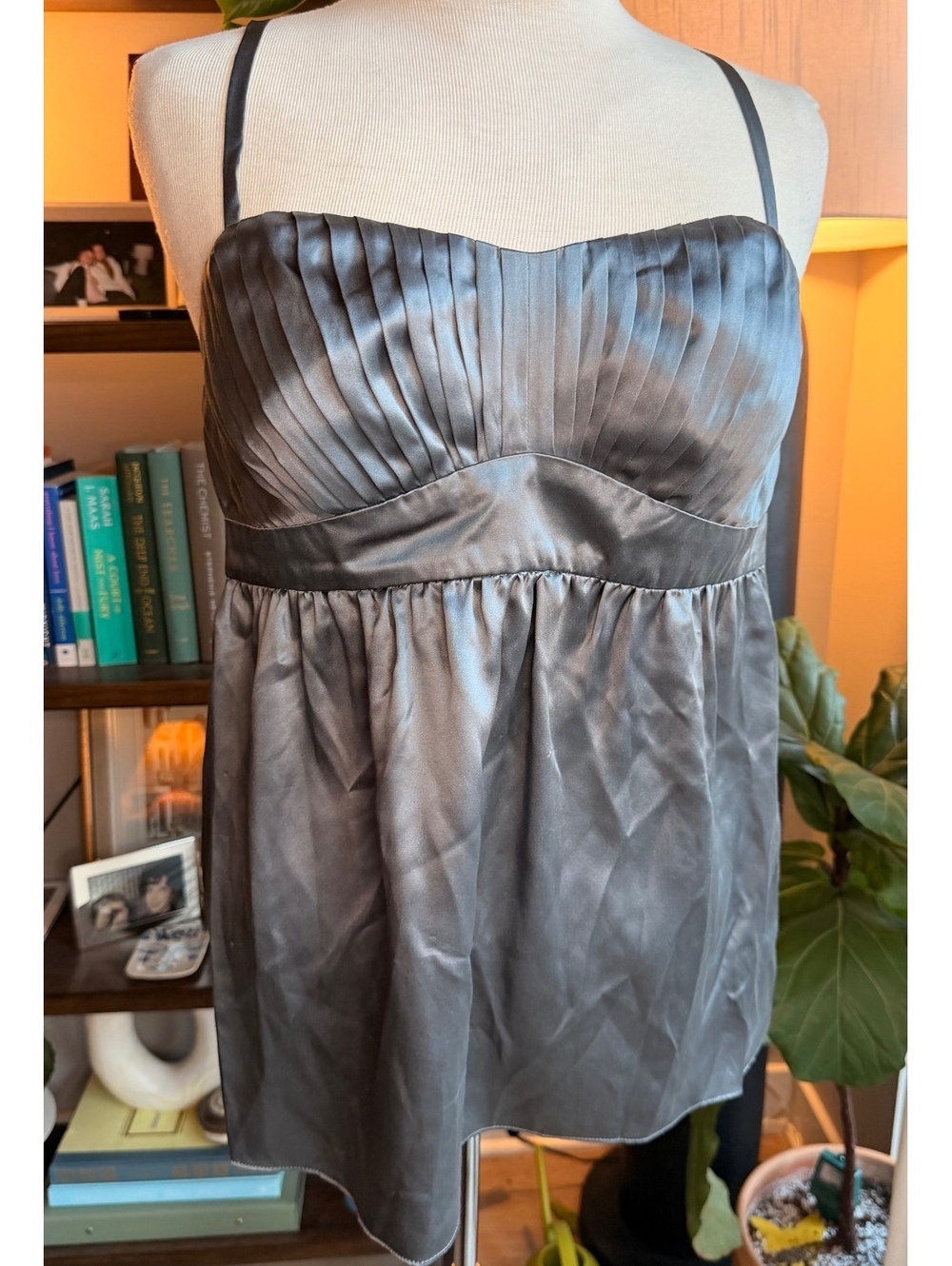 INC International Concepts 100% Silk Pleated Babydoll Cami Top Grey Charcoal 12